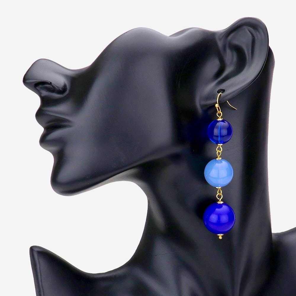 Blue Triple Bead Ball Link Dangle Statement Earrings